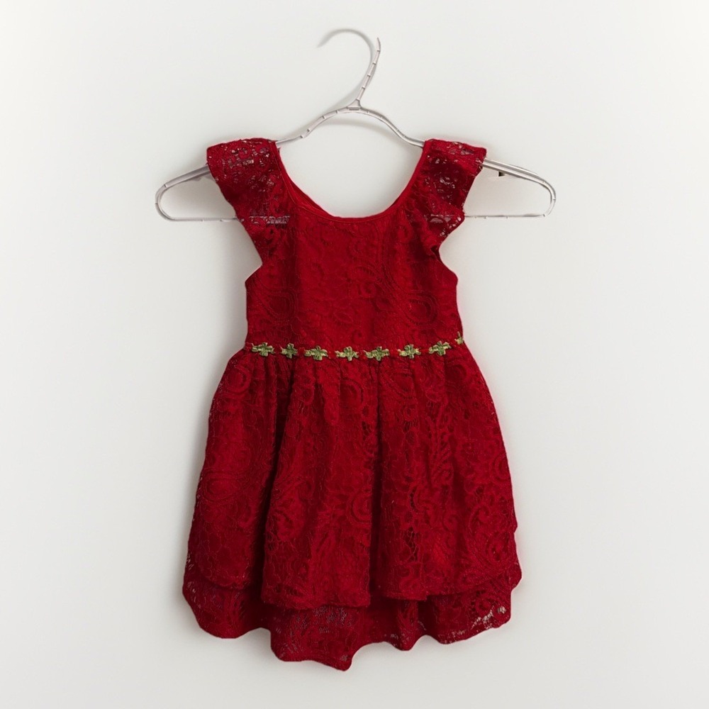 Laura Ashley Girls Red Lace Flower Trim Dress Size 2T Special Occasion